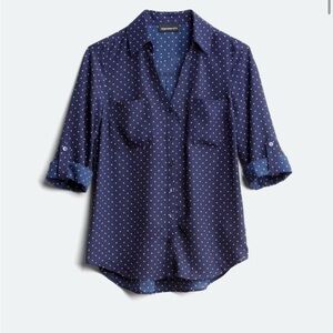 Blue and White 3/4 Sleeve Notched Collar Blouse